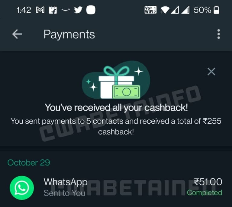 WhatsApp cashback India