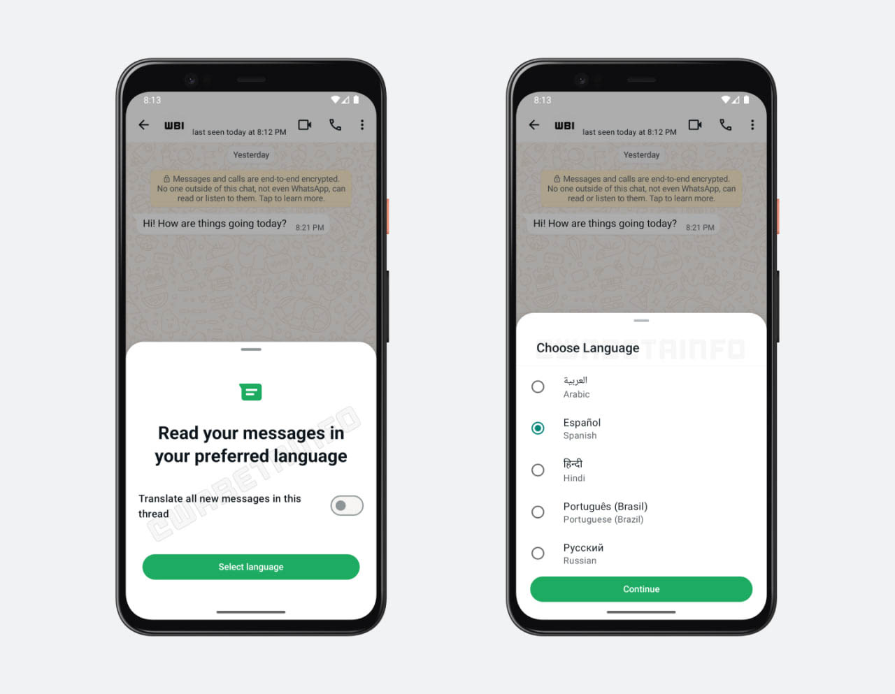 WhatsApp in-app message translation