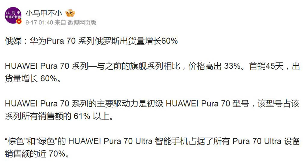 Huawei Pura 70 shipments Russia