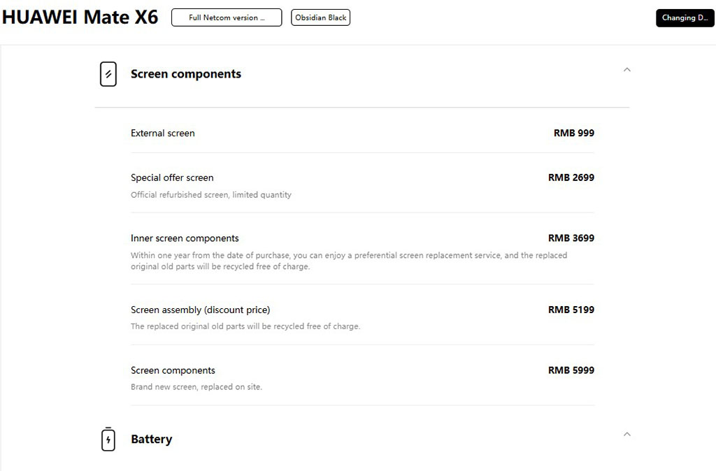 Huawei Mate X6 repair prices